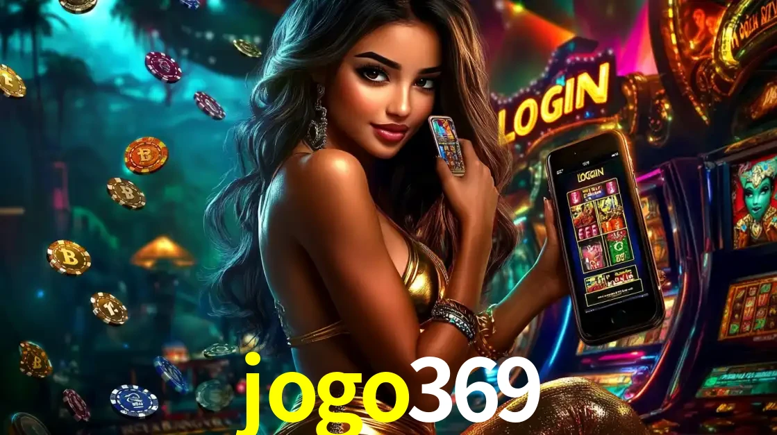 Mulher em um cenário de cassino temático de aventura, mostrando o app de caça-níqueis da jogo369 no celular. Fichas de apostas flutuam ao redor.